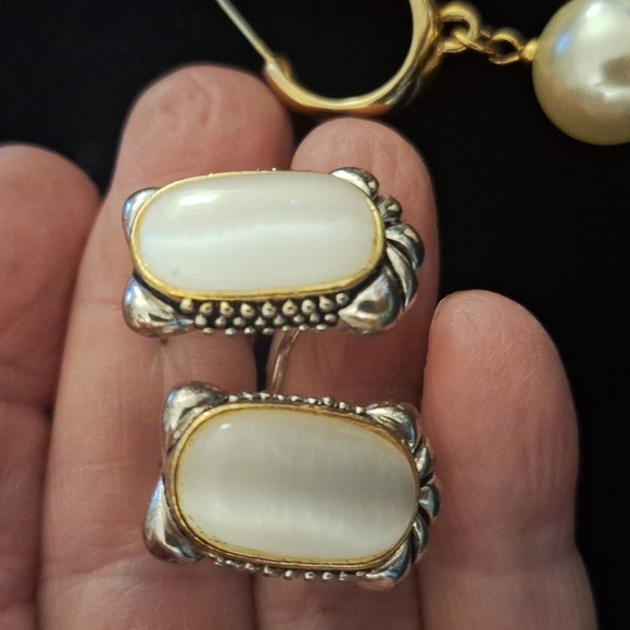 Elegant Mother of Pearl Silver and Gold Pearl Earrings Set - Picture 2 of 8